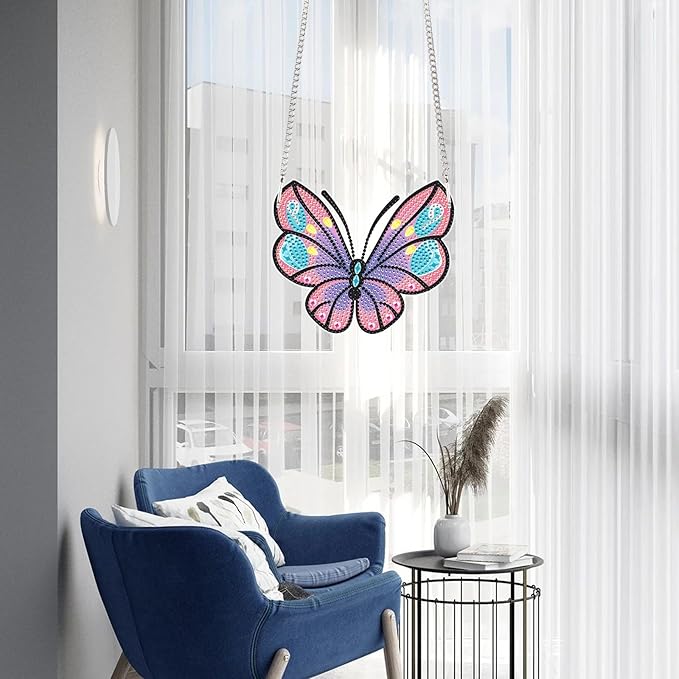 AiYuanzsh Cartoon Butterfly Diamond Painting Pendant Kit, 5D DIY Acrylic Special Shaped Rhinestones Diamond Art Hanging Ornament, Window Wall Door Decoration Craft Gift for Adults