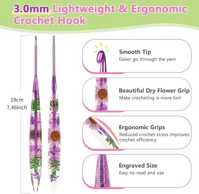 Katech 3mm Crochet Hooks with Floral Pattern-Elegant &Unique Crochet Needles-Longer Smooth Glide Crocheting Hook for Arthritic Hands, Beginners & Professional Ideal Crochet Gift(D)
