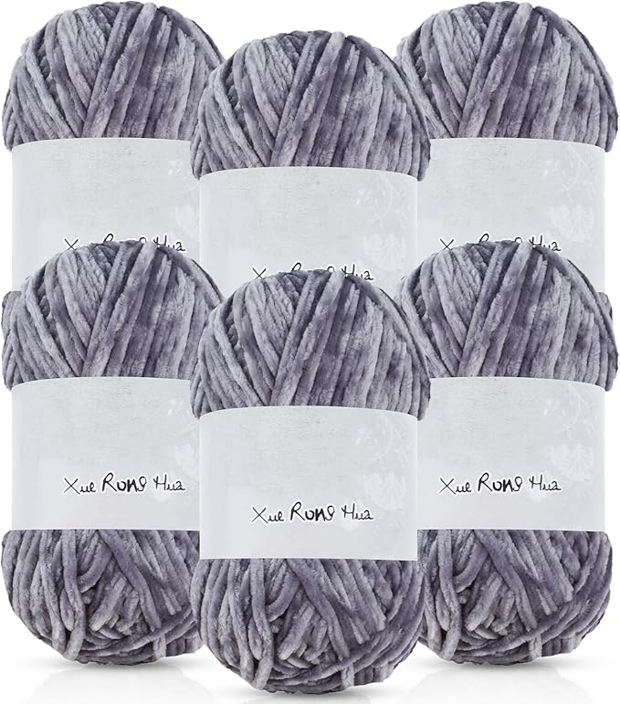 Amylove 6 Rolls Soft Velvet Chenille Yarn for Crocheting 1182 Yards Polyester Blanket Fuzzy Thick Yarn for DIY Knitting Bulky Weaving Crafts, 197 yd, 3.53 oz Each Roll(Light Gray)