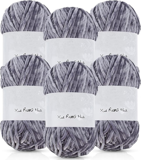 Amylove 6 Rolls Soft Velvet Chenille Yarn for Crocheting 1182 Yards Polyester Blanket Fuzzy Thick Yarn for DIY Knitting Bulky Weaving Crafts, 197 yd, 3.53 oz Each Roll(Light Gray)