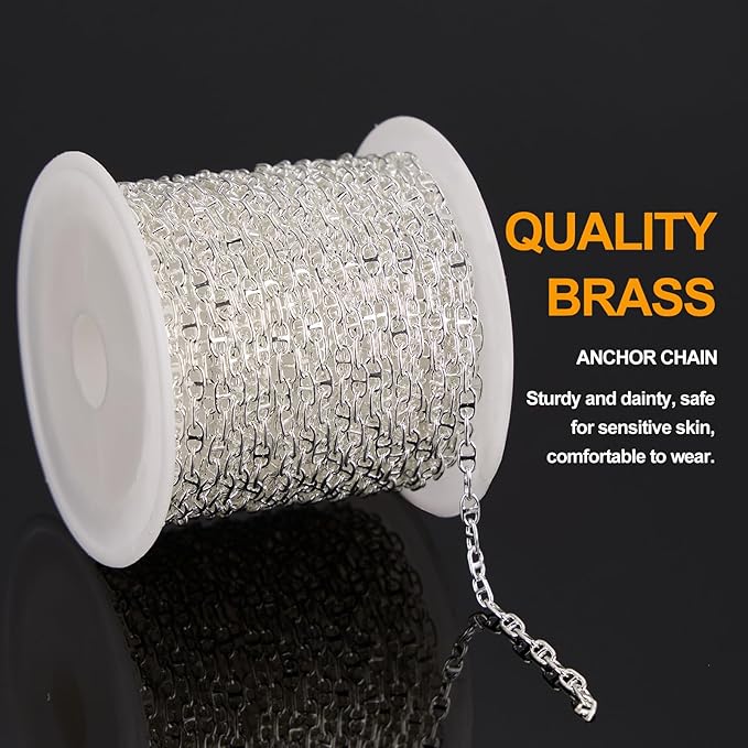 KYUNHOO 16.4 Feet Silver Plated Chains for Jewelry Making Thin Anchor Link on Spool Small Chain for Crafts DIY with Jump Rings Lobster Clasps