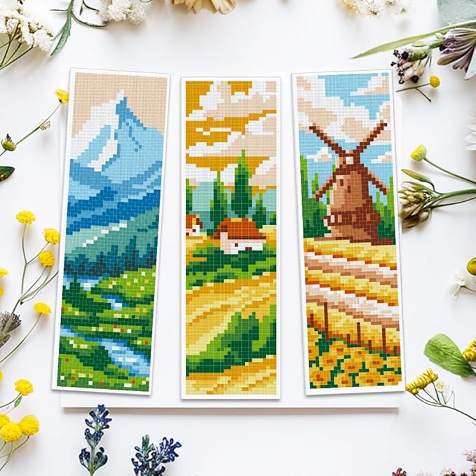 ACRNIGHEET 6pcs Cross Stitch Bookmark Kits, Landscape DIY Cross Stitch Bookmarks, Embroidery Bookmark Cross Stitch Kits with Scenery Pattern, Stamped Cross Stitch Kit Bookmark for Beginners Adults