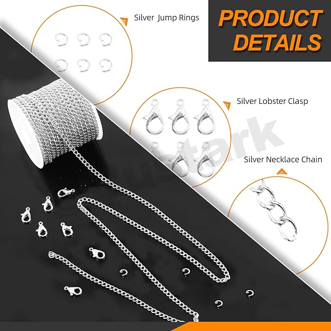 Rustark 102Pcs 4mm 30 Feet Silver Jewelry Making Chains Kit Thin Necklace Bracelet Chain Twisted Links Curb Chain with Jump Rings Lobster Clasps and Pliers for Bracelet Necklace Jewelry Making