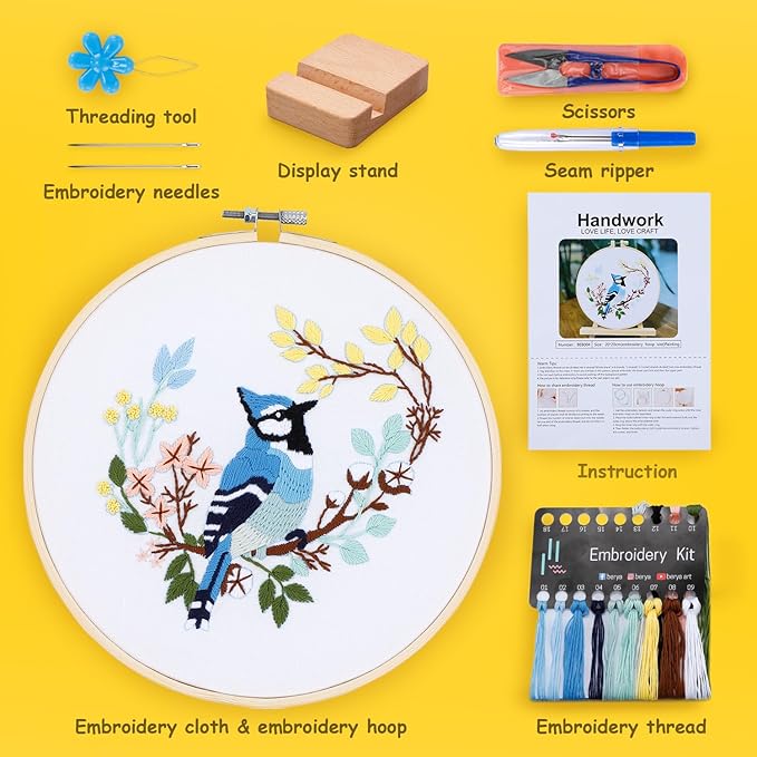 Hummingbird and Flower Embroidery Kit for Adults, DIY Embroidery Kits with Original Design Patterns, Learn to Embroider Kit Beginner with Needles and Thread, Clear Instructions and Video (BEB004)