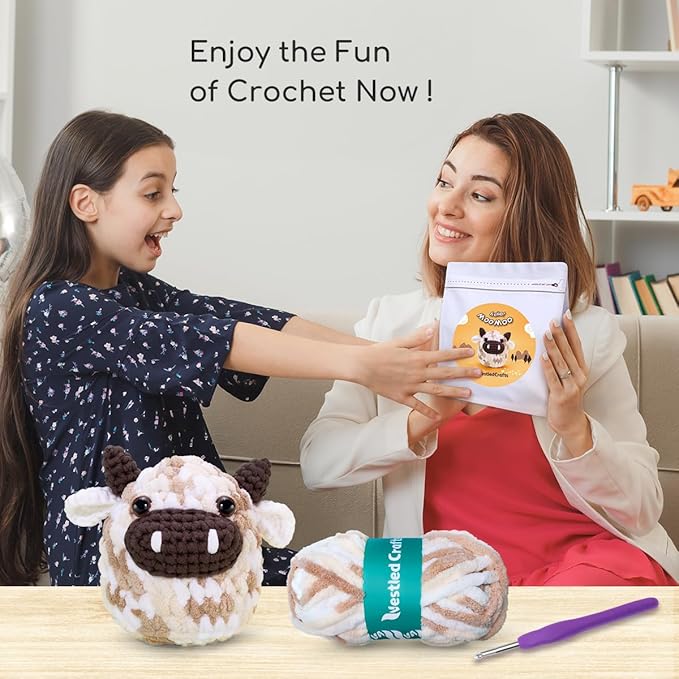 NestledCrafts Crochet Kit for Beginners, Animals Amigurumi Crochet Starter Kit with Step-by-Step Video Tutorial, Easy Knitting Set for Kids Adults, Lovely Cow - MooMoo