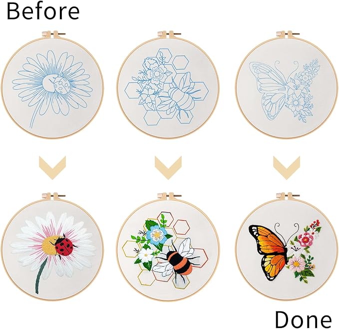 Nuberlic 3 Pack Funny Embroidery Kits for Adults Beginner, Stamped Cross Stitch Kit for Crafts Starters with Cute Bees Butterfly Patterns Include Hoop Cloth Thread Needles Instructions