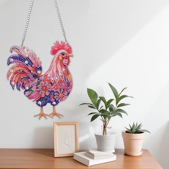 NAIMOER Diamond Art Hanging Kits for Adults Chicken 5D Special Shaped Rhinestone, DIY Acrylic Diamond Art Painting Window Pendants Home Garden Wall Hanging Ornament Kits, Double Sided