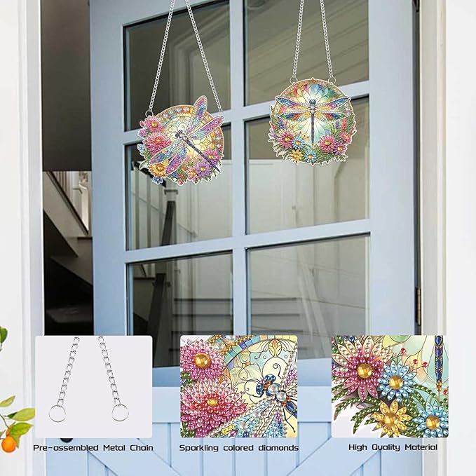 2 Pack 5D DIY Diamond Painting Pendants – Dragonfly & Flower Hanging Ornaments, Irregular Diamonds, Acrylic Wall & Window Decor, Handmade Gift Craft Kits