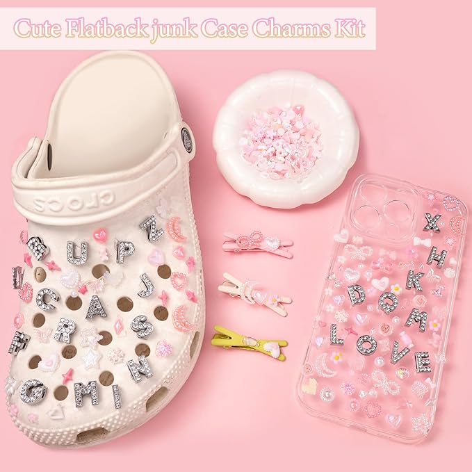 Junk Case Charms Kit, 52 Pcs A-Z Alphabet Letters Junk Case Kit, Pink Assorted Slime Charms Bulk Letter Charms for DIY Necklace Bracelets Jewelry Making Scrapbooking Crafts