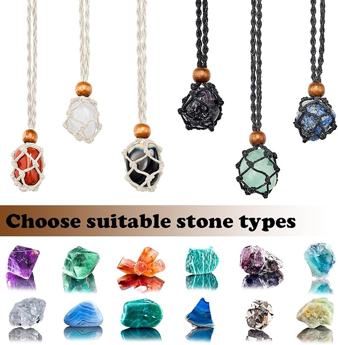 Hicarer 6 Pieces D20 Necklace Cord Empty Stone Holder Empty Necklace Holder Quartz Crystal Stone Cord, 3 Sizes Adjustable Cage Fish Netted for DIY Jewelry Making(Black,Beige)