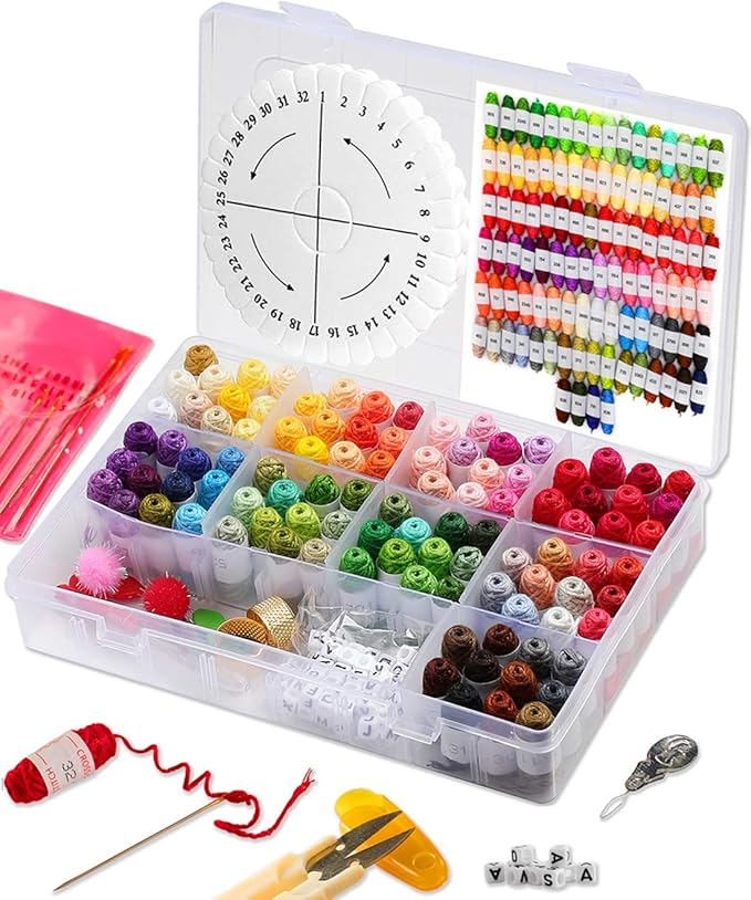 Friendship Bracelet String Kit - Cross Stitch Hand Embroidery Floss Set with Organizer Box for Beginners. Friendship Bracelet Kit for Adults. Bracelet String Box Supplies Coded Thread Patterns Needles