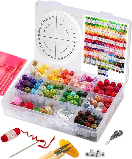 Friendship Bracelet String Kit - Cross Stitch Hand Embroidery Floss Set with Organizer Box for Beginners. Friendship Bracelet Kit for Adults. Bracelet String Box Supplies Coded Thread Patterns Needles