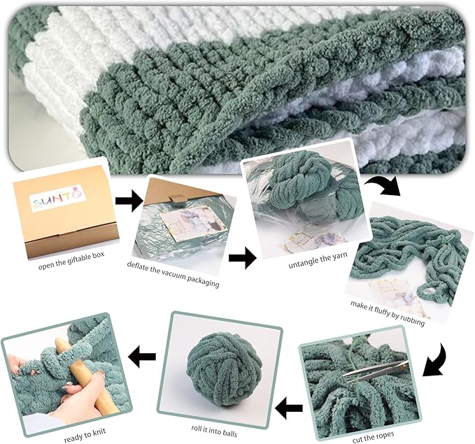 SUNTQ 8 Pack Chunky Chenille Yarn for Crocheting, Bulky Thick Fluffy Yarn for Hand Knitting Blanket, Soft Plush Knitting Yarn for Cushions, Pet Bed,Home Decor, Sage Green(32 yds,8.8 oz Each Skein)