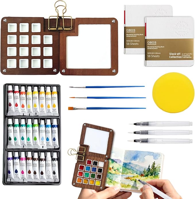 Esoes Mini Paint Palette Watercolor Kit, Travel Water Color Paint Set, Small Portable Pocket Mini Watercolor Set with Colors, Bind Clips, Brush, Sketchbook for Painters Beginners