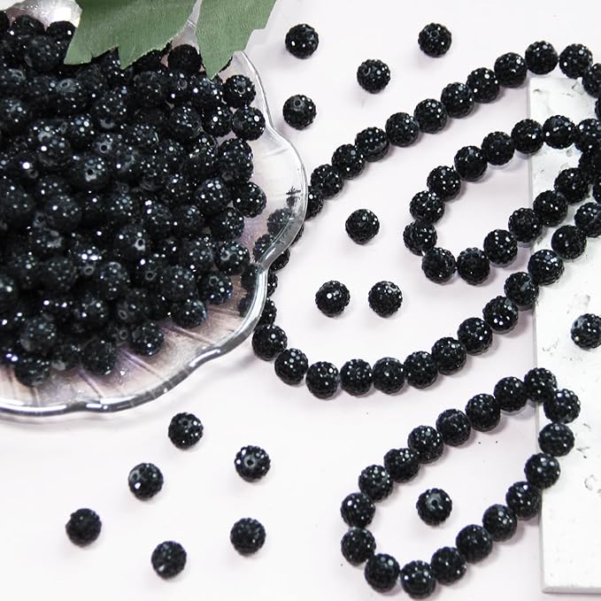 200 Pcs 10mm Rhinestone Beads for Jewelry Making, Black Shiny Round Shamballa Disco Baseball Necklace Beads Sparkle Crystal Clay Pave Rhinestones Bead for DIY Bracelet Earring Craft Making Supplies