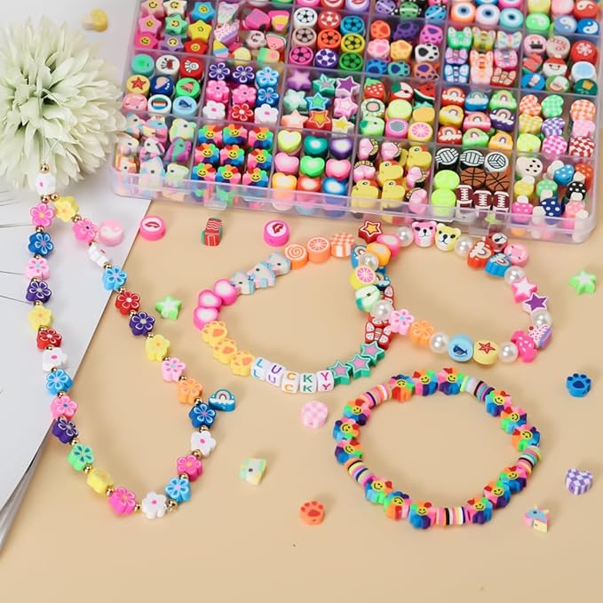 500 Pieces Polymer Clay Beads for DIY Jewelry Making, 24 Style Cute Clay Bead Animal Beads Flower Football Sports Beads Charms for Bracelets Necklace Crafts Kits for Adults Women