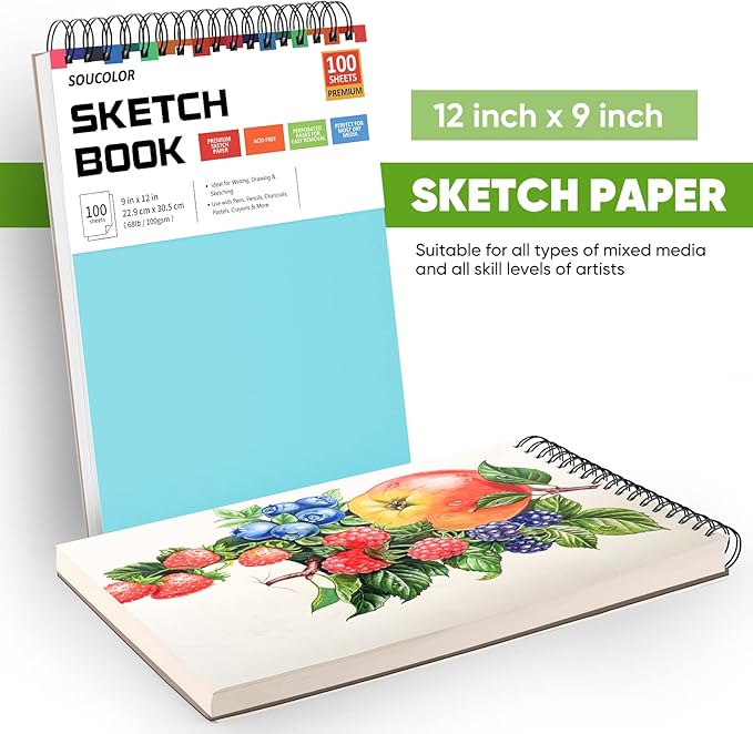 soucolor 9" x 12" spiral bound blank sketch notebook journal book- 1-pack 100 sheets acid-free 68lb/100gsm paper, art sketchbook for painting, doodling, journaling, kids, students, adults, beginners