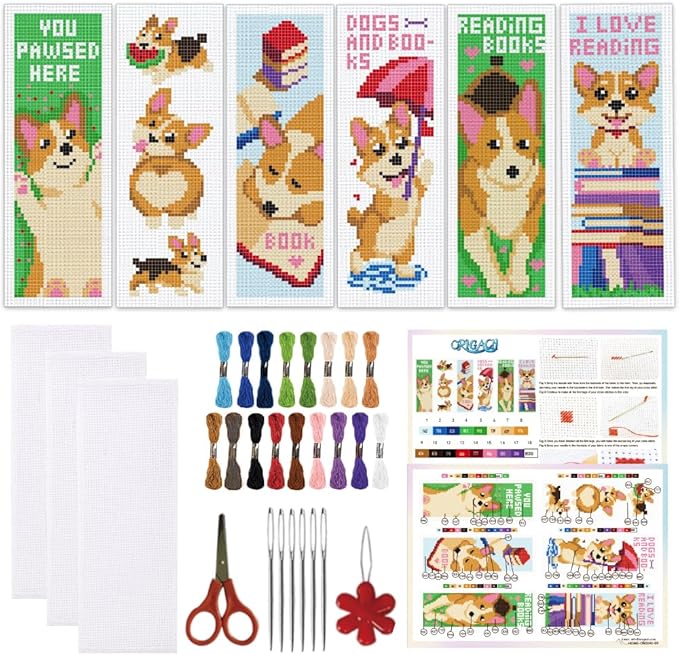 ORIGACH 6 Set Cute Dog & Book Cross Stitch Bookmark Kit for Beginner with Backing Felt Floss Instructions DIY Stamped Embroidery Bookmark Kit for Adults, Book Lovers