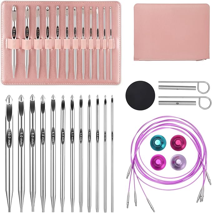 AIYUNDI Tunisian Crochet Hooks Set with Cable, 6-Inch Aluminum Interchangeable Crochet Hooks 3mm-10mm, Long Crochet Hooks, Lightweight, Anti-Twist Swivel Cables, Ergonomic, Pink 26 PCS