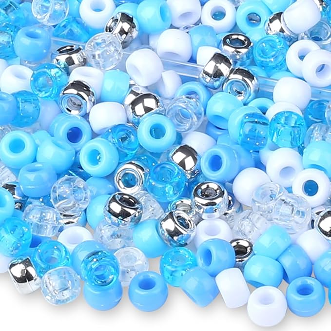 1000Pc Boxed Blue Pony Beads, Blue and White Hair Beads, 9 MM Plastic Craft Bead with Large Hole for Jewelry Making, Bracelets, Necklaces, Hair Braiding and DIY Crafts