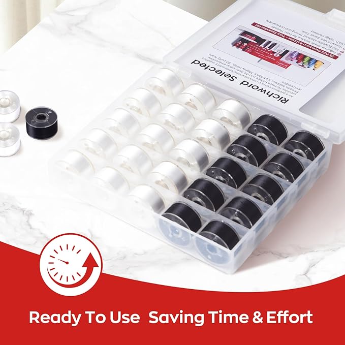 Poolin Prewound Bobbins Richword Selected 25PCS White+Black Size A, Plastic Sided, 70D/2(60WT) Polyester Bobbin Thread for Single Needle Embroidery and Sewing Machine