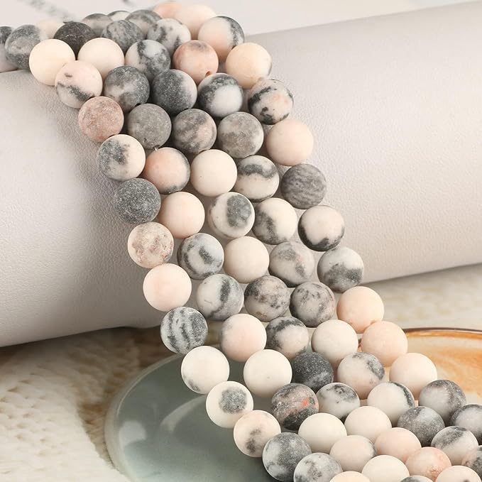 Stone Beads, 45pcs Matte Pink Zebra Jasper, 8mm Round Loose Beads for Jewelry Making, Bracelets, with Bag, String & Card