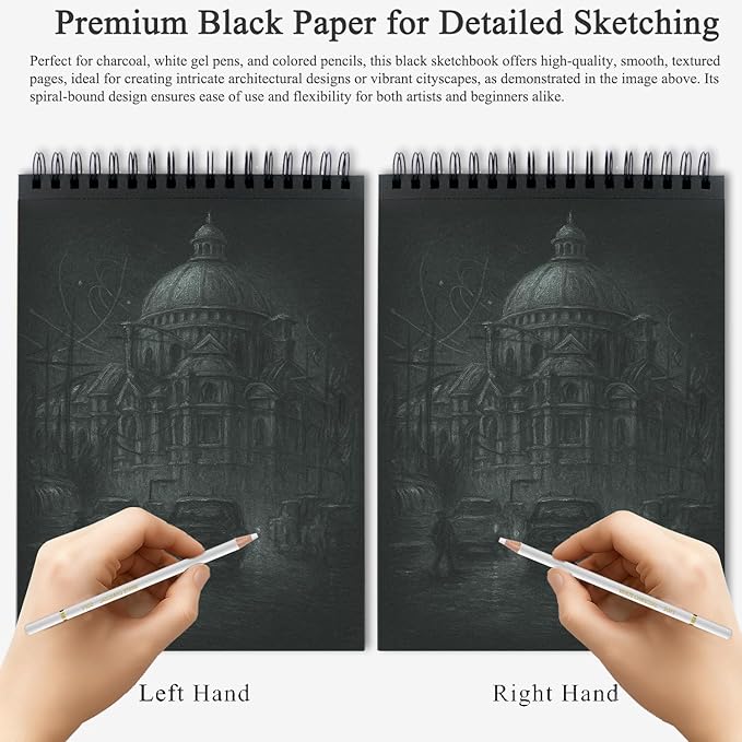 fuxi black sketchbook 11x14 inches, 60 sheets (90lb/150gsm), hard cover spiral bound | black paper pad for illustration & art class, professional artist sketch book for adults & students.