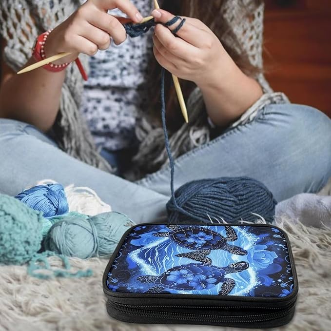 Hechitok Turtle Blue Crochet Hook Case, Organizer Zipper Bag with Web Pockets for Various Crochet Needles and Knitting Accessories, Well Made and Easy to Carry