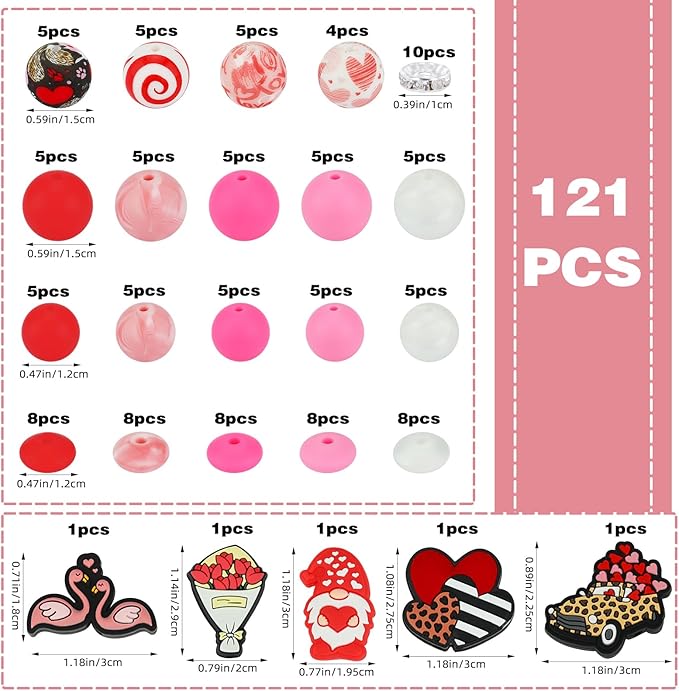 121 Pcs Valentines Day Themed 12mm 15mm Silicone Beads Kit for Keychain Making Heart Beads Round Focal Beads for Pens Bracelets Necklace DIY Crafts Jewelry Making