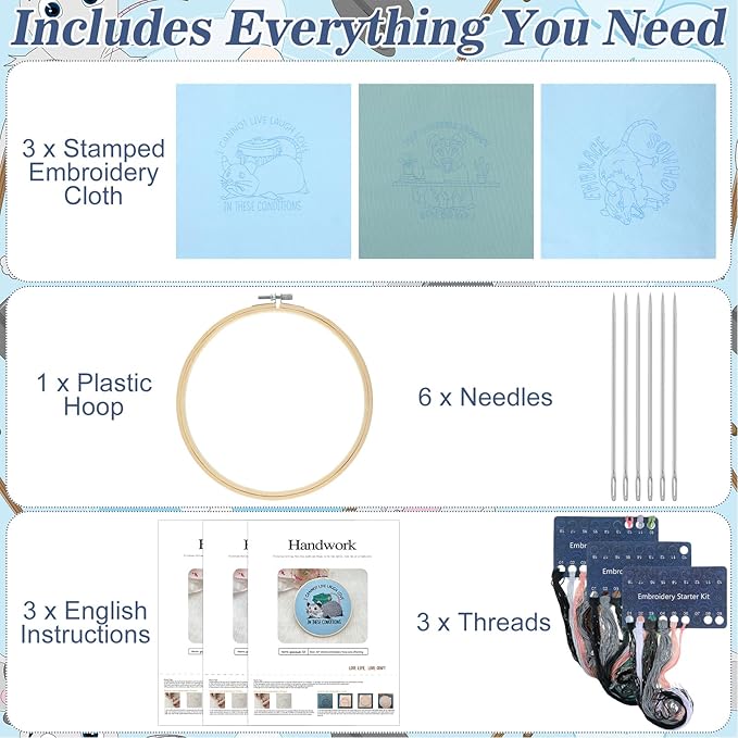 Mindsoft 3 Sets Possum Embroidery Kit with Embroidery Hoop Easy Pattern Needlepoint Kit for Beginners and Adults Hand Crafts Needlepoint Set with Needles Thread and Instruction