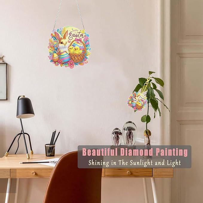 Masendp Easter Bunny Diamond Painting Double-Sided Hanging Ornament Set, DIY Irregular Shaped Rhinestone Window Decoration Set, Suitable for Home and Garden Wall Decoration Gifts