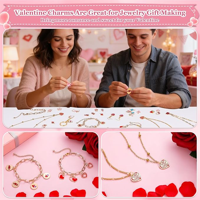 Modacraft 120 Pcs / 60 Pairs Valentine's Day Charms - Gold Enamel Valentine Charms for Jewelry Making, Multiple Romantic Styles Pendant for Making Necklaces, Earrings, Valentine's Day Gifts