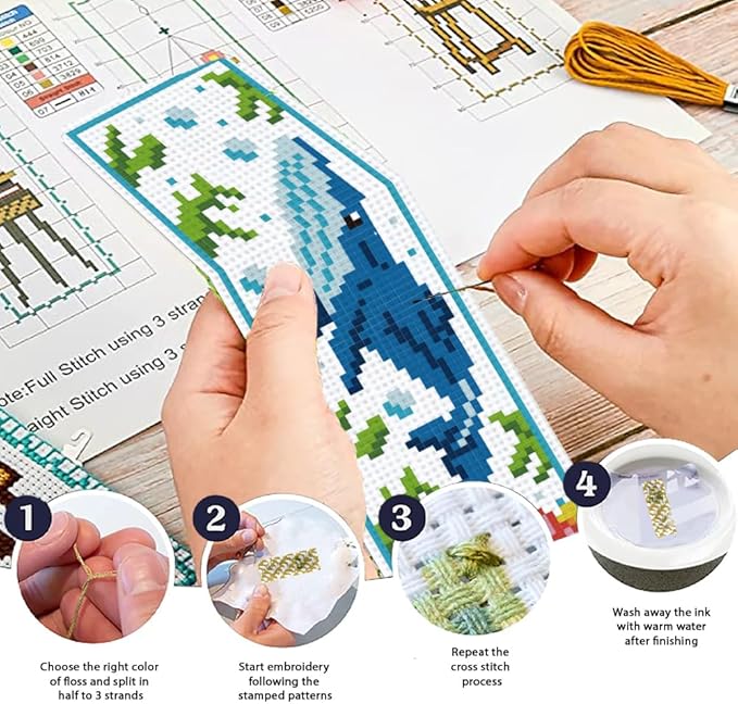 ORIGACH 6 Set Marine Animals Cross Stitch Bookmark Kit for Beginner with Backing Felt Floss Instructions DIY Stamped Embroidery Bookmark Kit for Adults, Book Lovers