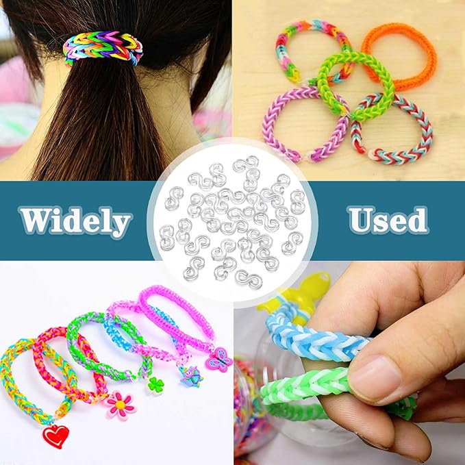 PUSNMI S Clips Rubber Band Clips 1000 Pieces Loom Rubber Band Clips Plastic Band Clips Connectors Refills Bracelet Kit Clip for Loom Bracelets DIY Making Refill Kit, Clear