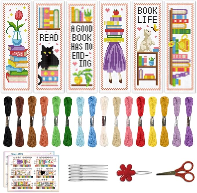 ACRNIGHEET 6PCS Cross Stitch Bookmark Kit for Beginner Bookshelves Stamped Cross Stitch Kits for Adults DIY Embroidery Bookmark Kits Crossstitch Kits Adult with Instructions Hand Craft Gift 11CT