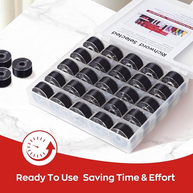 Poolin Prewound Bobbins Richword Selected Black 25pcs Size A Bobbins, Plastic Sided, 70D/2(60WT) Polyester Bobbin Thread for Single Needle Embroidery and Sewing Machine