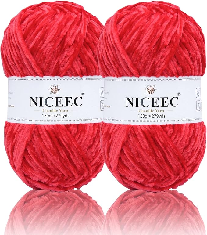 NICEEC 2 Skeins Soft Chenille Yarn Blanket Yarn for Knitting Fancy Yarn for Crochet Weaving DIY Craft Total Length 2×255m (2×279yds, 2×150g)_Red