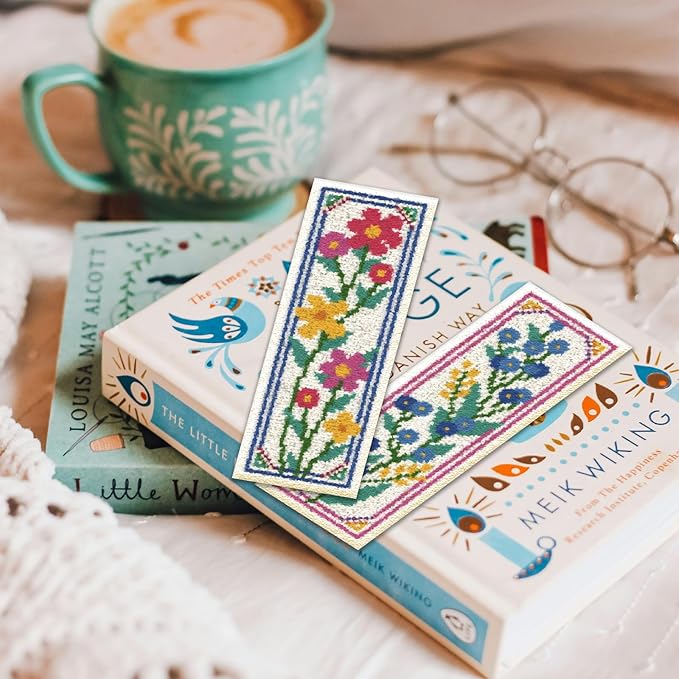 ORIGACH 6 Pcs Flower Cross Stitch Bookmark Kit for Beginner with Backing Felt Floss Instruction Sunflowers Tulip DIY Stamped Embroidery Bookmark Kit for Starter Adults Book Lovers