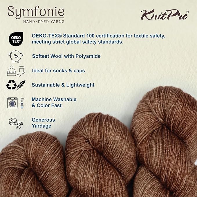 KnitPro Symfonie Fingering Weight Hand Dyed Semi-Solid Yarn Skein | Extra Fine Merino Wool & Polyamide Blend for Knitting & Crocheting, Oeko-TEX Certified 400m, 100g | Terra Jaggery