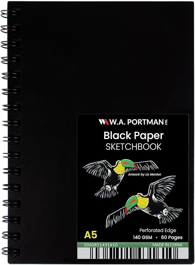 wa portman black paper sketchbook a5 (6" x 8.25") – 140 gsm acid-free black sketchbook for drawing – 60 pages (30 sheets) drawing pad journal – mixed media sketch pad for kids & adults