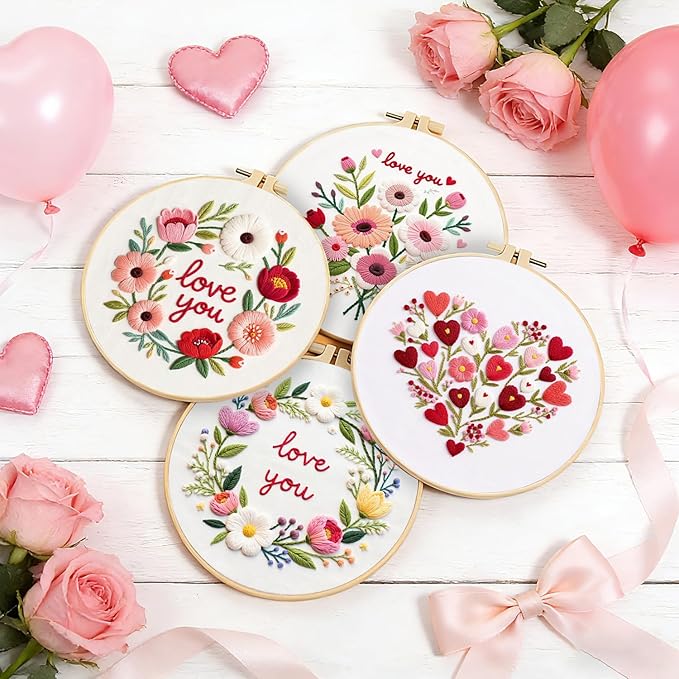 tpzbwg valentines embroidery kit, diy embroidery starter kit for adults & beginners, diy needlepoint kit with embroidery hoop thread needle for craft lover birthday gifts (valentines-4 set)