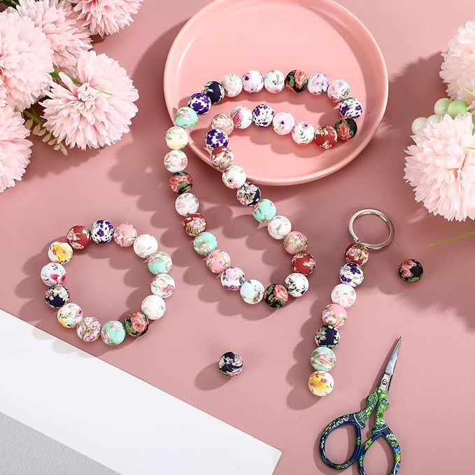 Ferreve 60 Pcs 15mm Silicone Beads Bulk Spring Flower Print Round Focal Beads Rubber DIY Silicone Loose Bead for Bracelet Making Kit for Keychain Pens Necklace Bracelets Jewelry Making