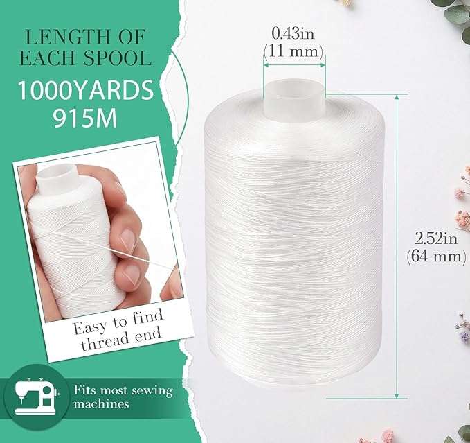 2PCS Thread - 1000Yard White All Purpose Sewing Machine Thread for Sewing