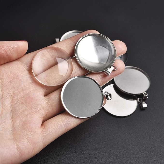 DROLE 40Pcs 30mm Stainless Steel Bezels and Cabochons - 20Pcs 30mm Cabochon Pendant Trays with Necklace Clasp and 20Pcs 30mm Rond Glass Cabochons for Cameo Jewelry