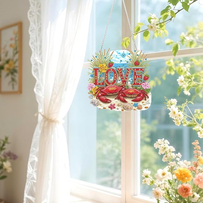 Lxmsja DIY Two Red Crabs Diamond Painting Hanging Ornament, Double-Sided Acrylic Ocean Diamond Art Kit, Special Shaped Suncatcher Hanging Pendant Window Art Kit