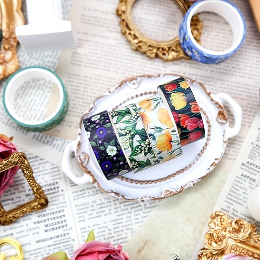 12 Rolls Flower Washi Tape Set, Colorful Floral Decorative Tape Vintage Botanical Masking Tape for Journaling Supplies, Junk Journal, Scrapbooking, DIY Arts & Crafts, Gift Wrapping