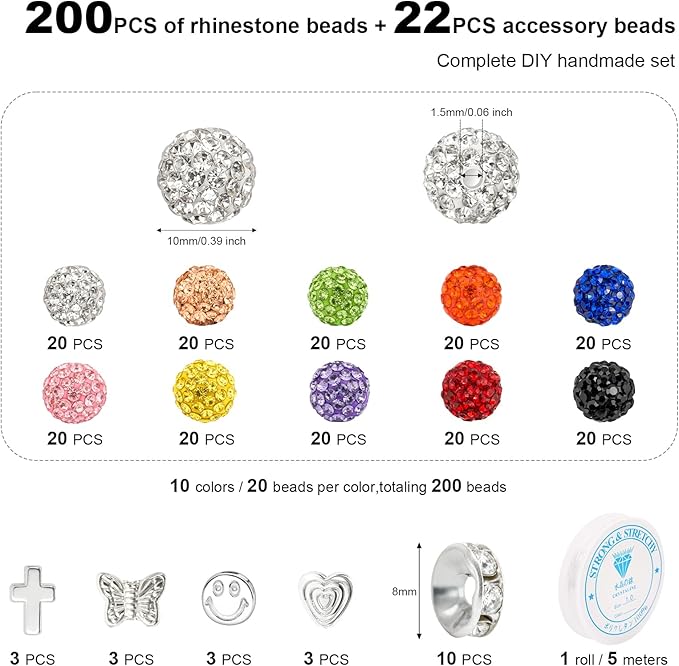 223Pcs 10mm Rhinestone Beads Kit for Jewelry Making, 10 Colors Round Disco Ball Sparkly Beads with Cross Charms and Accessories for DIY Baseball Necklace Bracelet Earring Crafting