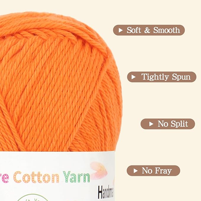 Katech Pure Cotton Yarn for Crocheting & Knitting–Soft Sport Weight CYC #2, 6 Skeins (50g Each, 300g Total), Ideal Crochet Yarn for Dishcloths, Baby Clothes, Socks, Lightweight Scarves（Orange）