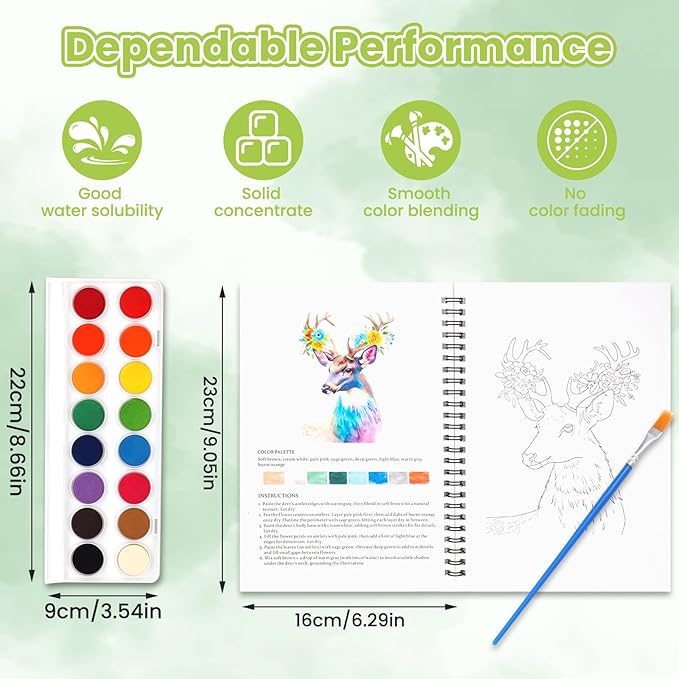 watercolor workbook - 13 Different Patterns of Original DIY Designs | water color book set| Watercolor Paint Set (including a 16-colors palette and brushes), suitable as an exploration gift for adults and teenagers (flowers & animals)