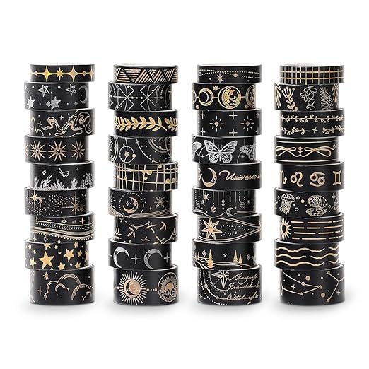 36 Rolls Starry Theme Washi Tape Set with Celestial Patterns - Writeable Decorative Tapes for Scrapbooking, Junk Journal Supplies, Bullet Journaling 0.6" x 79" per Roll